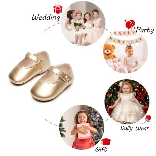 Image of PHIRAMIN Baby Girls Mary Jane Flats - Infant Newborn Walking Shoes Soft Rubber Sole Princess Wedding