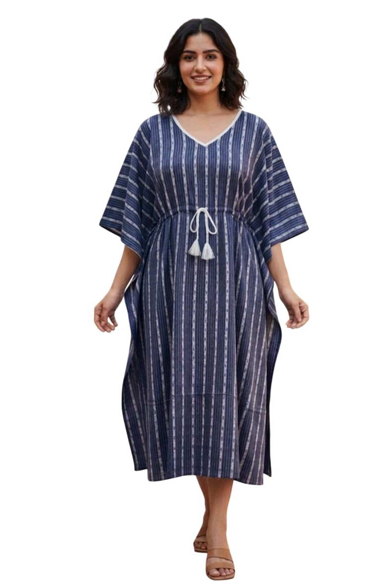 Women's Cotton Kaftan - Night Dress Loungewear Relaxed Fit Midi Dress - Free Size Kantha Work Caftan-image-1