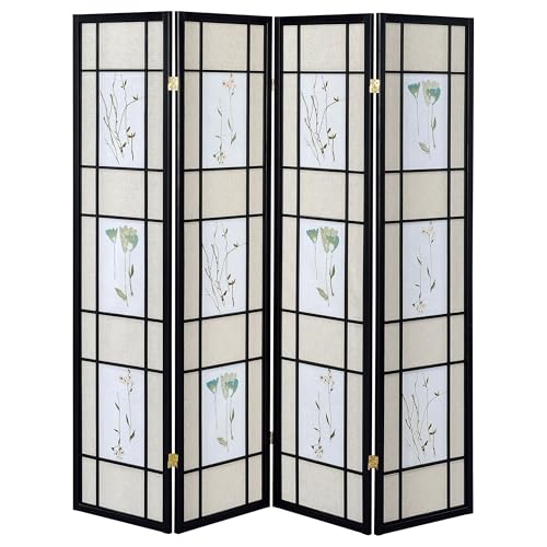 Coaster Home Furnishings - Catabella - Solid Wood - 70-Inch 4-Panel Room Divider Folding Shoji Screen with Beige Fabric Panels and Flandal Detail - Living Room & Bedroom - Black and Beige - 4407 - Thumbnail 3