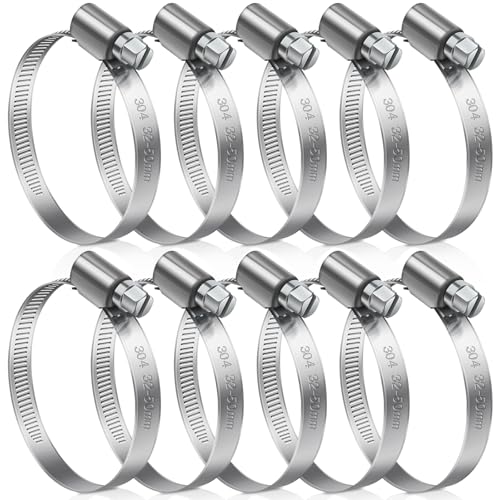JatilEr 32-50mm Hose Clips, 10 Pcs Adjustable Hose Clamps 304 Stainless Steel Pipe Clips