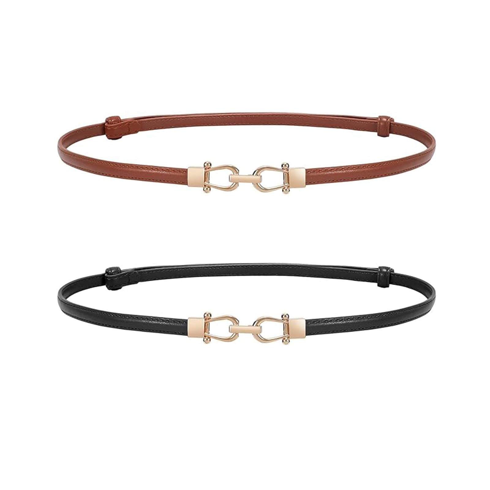 Women 2 Pack Skinny Belt for Dress,Thin Waist Belt - Adjustable Leather Belt with Gold Buckle