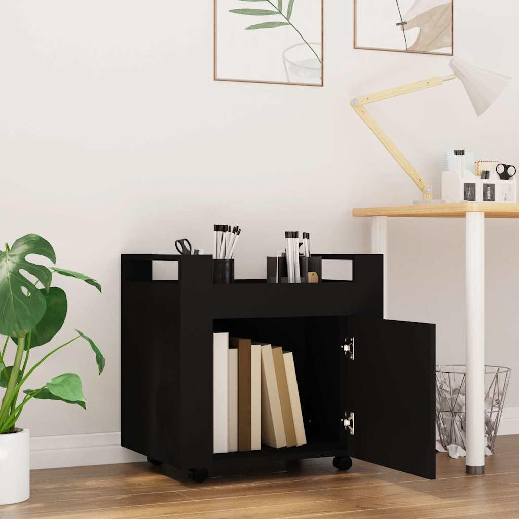 Bürowagen Schwarz 60x45x60 cm Holzwerkstoff mit 4 Rollen und Stabiler Oberplatte für Ordnung im Büro, Schreibtischwagen mit praktischer Tür zur Aufbewahrung, Büroorganisation