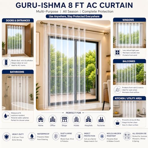 Image of 8 ft Solid Transparent AC Curtain | Waterproof Heavy-Duty 0.30 mm | Dust Wind Rain Protection, Mold & Mildew Resistant | All Season Use for Door, Window & Bathroom (Pack of 1)