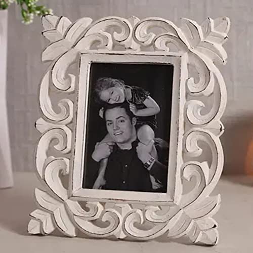Image of Wooden H& Carved Photo Frame for Wall Mounted & Tabletops Display - 27L x 22W Centimeter Picture Frame - Wood Carving Decorative Home Decor Accessories Distressed Finish (White)Rectangular