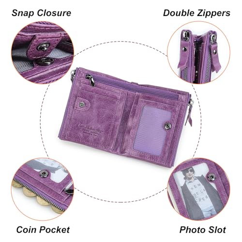 Image of CONTACTS Soft Leather Wallet for Women Small Bifold Coin Purse Double Zipper Card Holder with RFID Blocking (Purple)