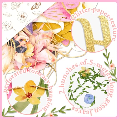 Image of SUNBEAUTY Fairy Birthday Party Banner Fairy Party Decorations Fairy First Birthday Party Decorations for Girls Women Flower Mushroom Garland Leaf Vine String for Baby Shower Wonderland Spring Summer Garden Tea Party
