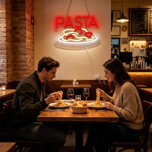 Image of Pasta Neon Signs for Wall Decor Neon Lights for Bedroom Led Business Signs Suitable for Italian Pasta Restaurant Noodle Unique Gift for Lover 5V Power Adapter 16 * 10.6 Inch(Red+White)