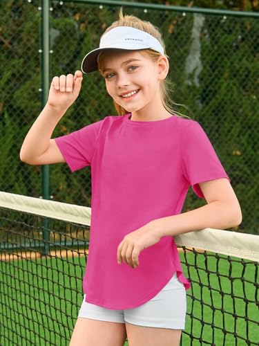 Image of Haloumoning Girls Summer Short Sleeve Shirt Kids Crewneck Curve Hem Soft Tunic Tops T-Shirts 5-14 Years