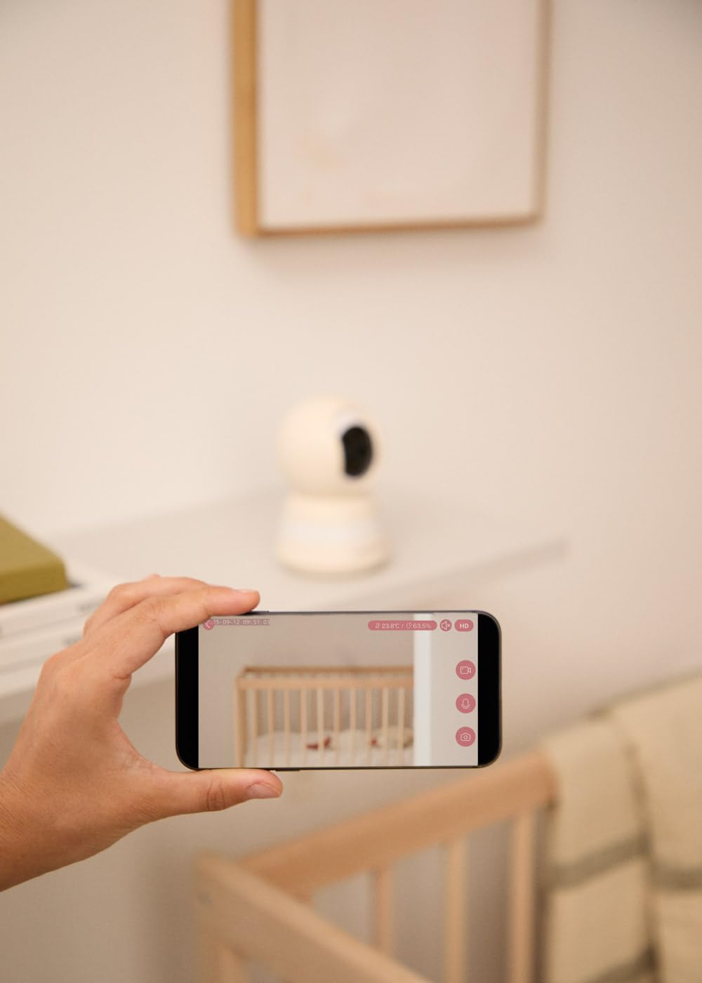 CREATE / Baby CAM Connect Pro/Babyphone caméra avec WiFi Blanc cassé/Audio bidirectionnel, vidéo Haute qualité, Vision Nocturne, caméra pivotante, 7 chansons, 5 W