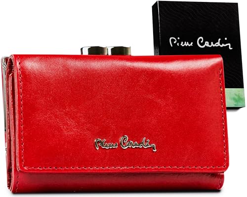Pierre Cardin 06 Italy 117, Billetero Mujer Pequeño, Monedero Mujer, Cuadrado, Monedero, 2 Compartimentos Separados, 6 Ranuras para Tarjetas, Cerrado con Clip, Cuero Natural, Rojo, 8.5x12x3 cm