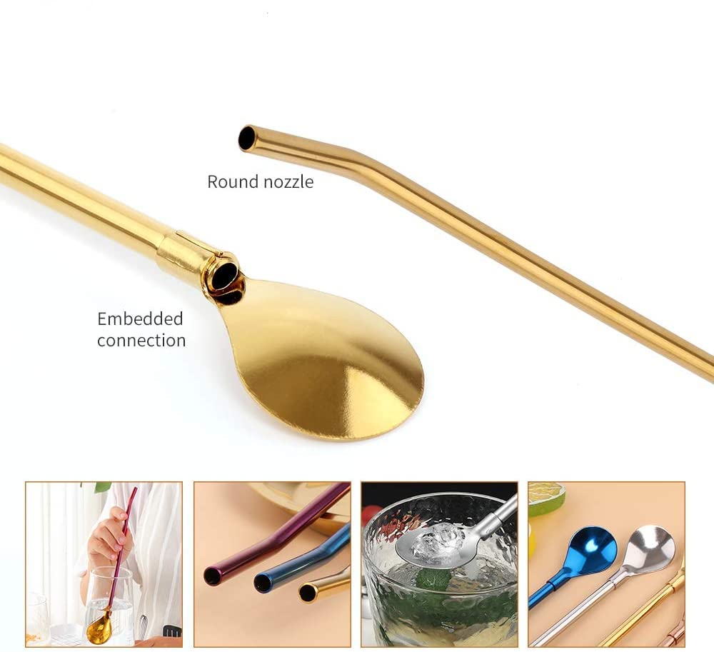 XUBX Cuillères-Pailles Réutilisables - 14 Pièces Acier Inoxydable + Brosse Nettoyage - Pour Café, Cocktail, Thé