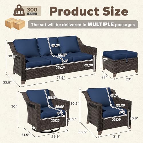 Image of 7 Piece Patio Furniture Set, Wicker Outdoor Conversation Set | Patio Chair Set with Olefin Removable Cushion, All-Weather Outdoor Couch with Deep Seat for Porch, Deck and Backyard, Blue
