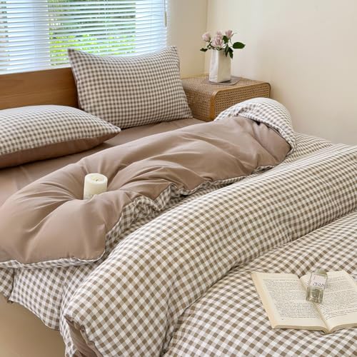 Nsnlgsgc Queen Gingham Grid Duvet Cover Set Tan- Washed Microfiber Plaid Comforter Cover Set Brown Soft & Lightweight Breathable Clean Bedding Set thumb #2