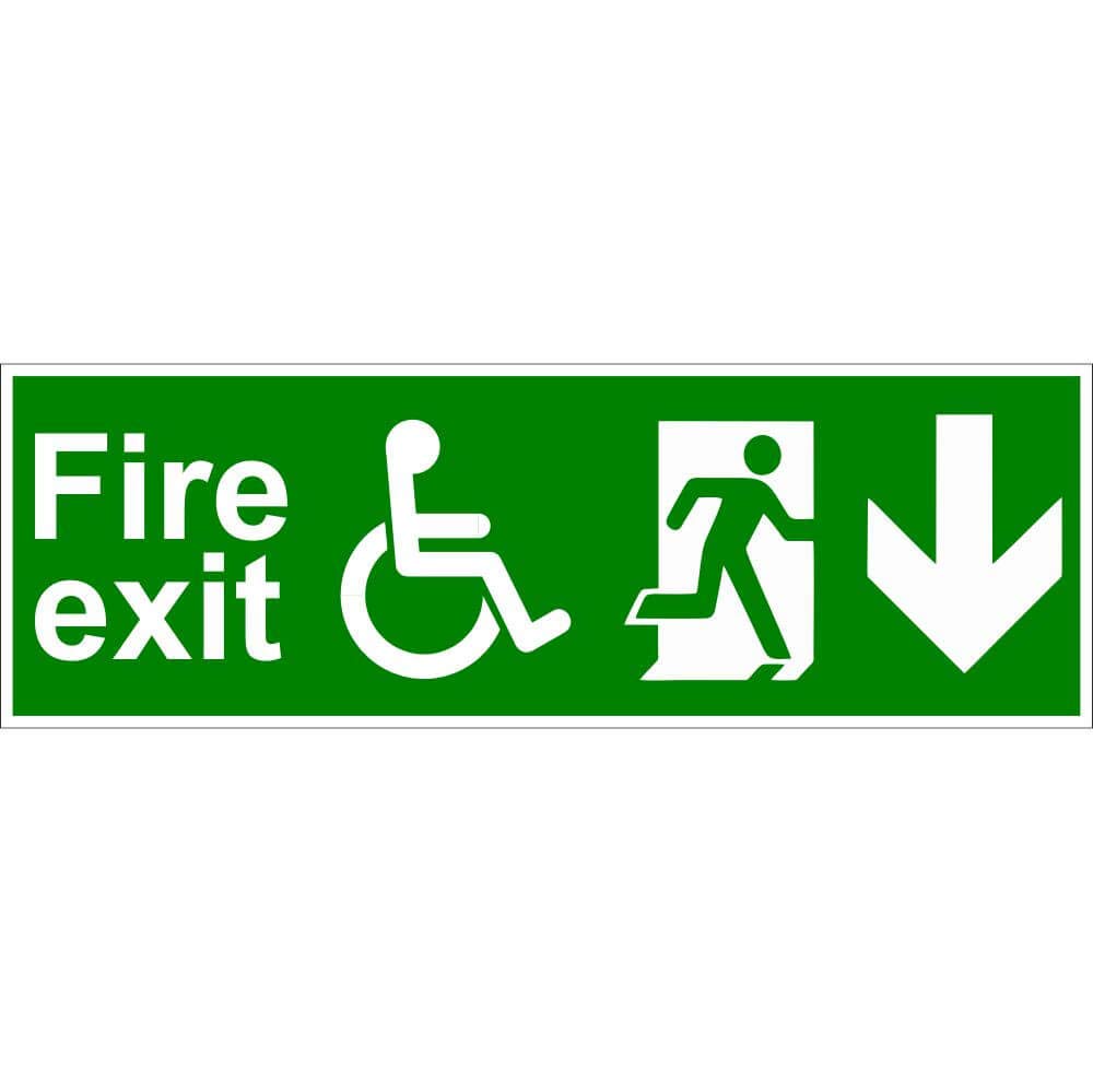 Disabled Fire Exit Safety Sign, Arrow Down, Self-Adhesive Semi-Rigid PVC, 450mm x 150mm