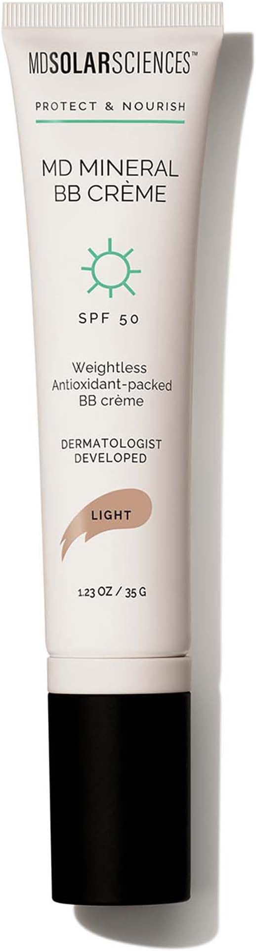 MDSolarSciences MD Mineral BB Creme FPS 50 - Bronceador, resistente a rayos UV - Protección solar, fortalecimiento de la piel, fórmula con vitaminas - Vegana, sin aceite ni fragancia - Tono claro 35g