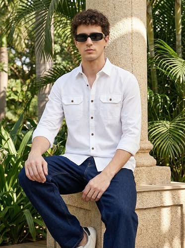 Image of IndoPrimo Men's Cotton Shirt with Stylish Flap Pockets Full Sleeves Spread Collared Neck Solid Pattern Western Style Classic Fit and Standard Length