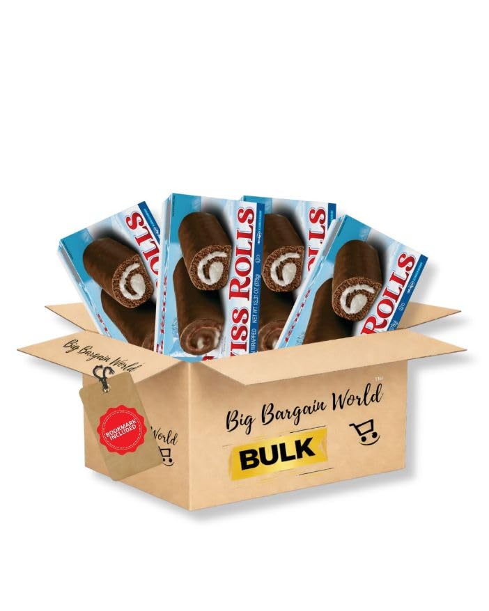 Big Bargain World Gift Box Swiss Roll Frosted Cream Roll Snack Cake, 4 Pack 13 oz each Individually Wrapped Includes Bonus Bookmark