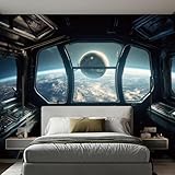HueBurst Large 3D Peel and Stick Space Wall Mural Space Ship Wallpaper 133" W X 98.4" H Large Dark Blue Universe Wall Mural Self-Adhesive for Office Game Room Bedroom Living Room