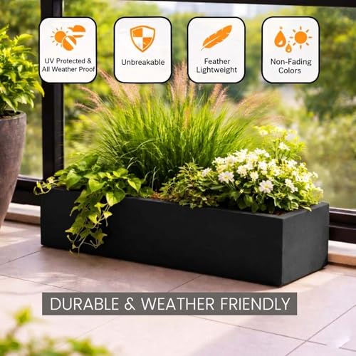 Image of Go Hooked Recta R Black Planter Pot (21x8 Inch) | Big Size Outdoor & Indoor Pot for Plants | Modern Design Lightweight & Durable Rectangle Polymer Flower Pot for Balcony, Terrace & Garden