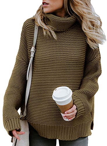 womens cowl neck sweater - Asvivid Cowl Turtle Neck Oversized Sweaters for Women Chunky Juniors Sweater Boyfriend Ribbed Knitted Pullover Light Brown Ladies Sweater S