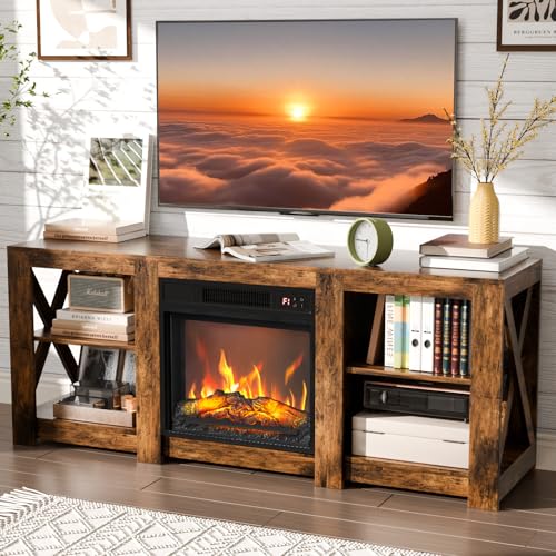 VINGLI Fireplace TV Stand for up to 70 inch TVs, Farmhouse Entertainment Center with Electric...