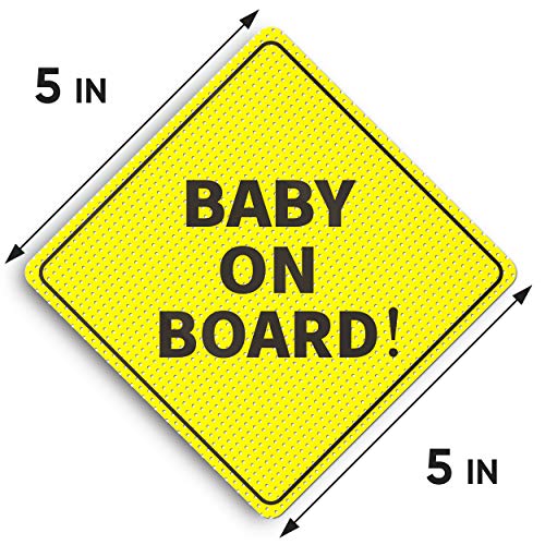 Baby On Board Sticker Sign - Essential for Cars - 4 Pack, 5" by 5" - Bright Yellow and See-Through When Reversing - Best Safety Signs - Non-Magnetic Sticker - Durable and Strong Adhesive