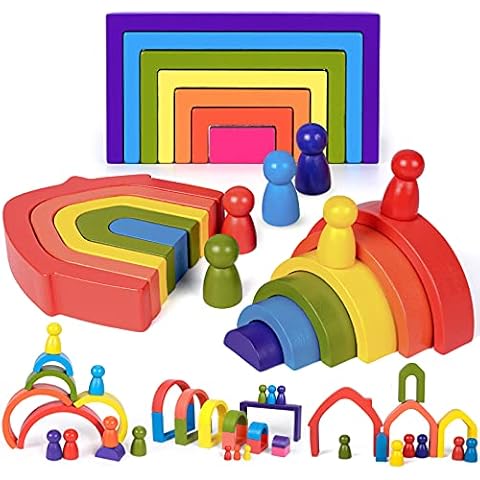 24 PCS Rainbow Wooden Toys Rainbow Stacker Nesting Puzzle Blocks Wooden Montessori Stacking Toys Educational Learning Toy Building Blocks for Toddler Kids Baby Boys Girls Cover