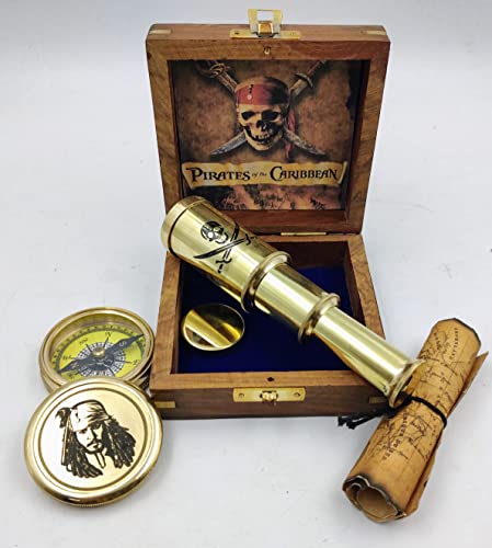 Brújula de latón con telescopio plegable en caja de madera miniatura 1