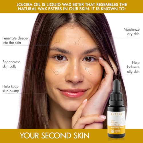 Alteya Goldenes Bio-Jojobaöl 20 ml – USDA-zertifiziertes organisches reines natürliches Trägeröl – feuchtigkeitsspendende und pflegende Behandlung für Haut, Haare und Kopfhaut