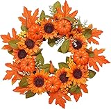 HXSCOO 22 Inches Fall Wreath for Front Door, Artificial Sunflower Wreath Pumpkin Maple Leaf Berry Floral Wreath Hanging Decoration for Thanksgiving Halloween Home Party DÃcor Ornament Indoor Outdoor