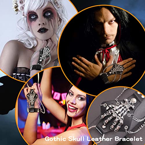 Skeleton Hand Bracelet for Halloween Cosplay Gothic Skull Leather Bracelet for Men Black Skeleton Hand Ring Cool Halloween Costume Accessories for Women(A) - Image 5
