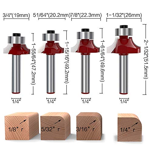 7 Pcs 1/4 Inch Shank Roundover Edging Router Bit Set Woodworking Milling Cutter Tools (1/8", 5/32", 3/16", 1/4", 5/16", 3/8", 1/2" Radius) by ROOCBIT
