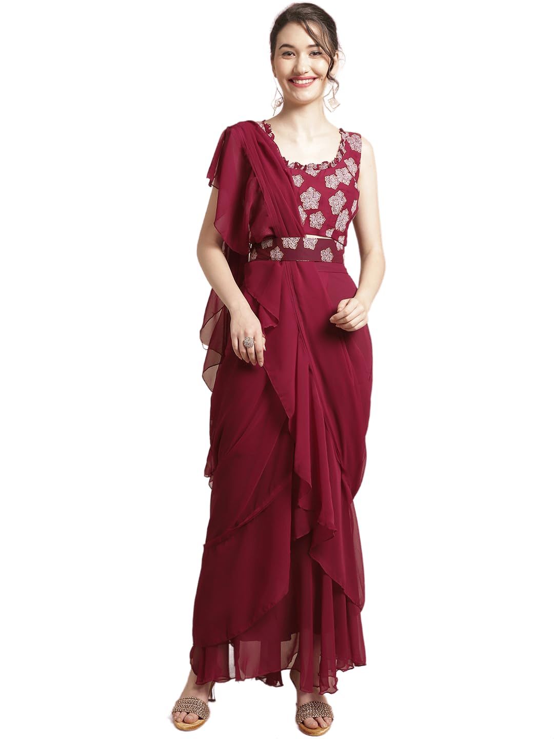 SidhidataGeorgette Women's Ready To Wear Dhoti Saree With Matching Fabric Belt & Unstitched Blouse Piece