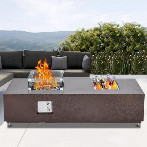 56 Inch Outdoor Propane Fire Pit Table,50000BTU Fire Table with 13" Square Drink Ice Bucket Wind Guard, Fire Glass Beads & CSA Safety Certified Outdoor Firepit for Outside Patio Yard Garden, Bronze