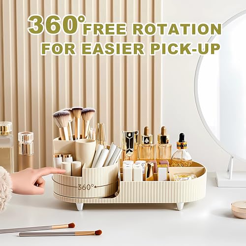 Make up Organizer 360° Drehbar, Großer Bad Kosmetik Organizer mit Aufbewahrungsbox für Schminktisch – Inkl. Makeup Pinsel Reiniger (Beige)