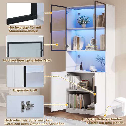 Merax LED Glasvitrine 200 cm Hoch – Moderne Standvitrine mit Glastüren & Aluminiumrahmen, Vitrinenschrank mit verstellbaren Regalen, Multifunktionsschrank für Wohnzimmer, Weiß 80×30×200 cm