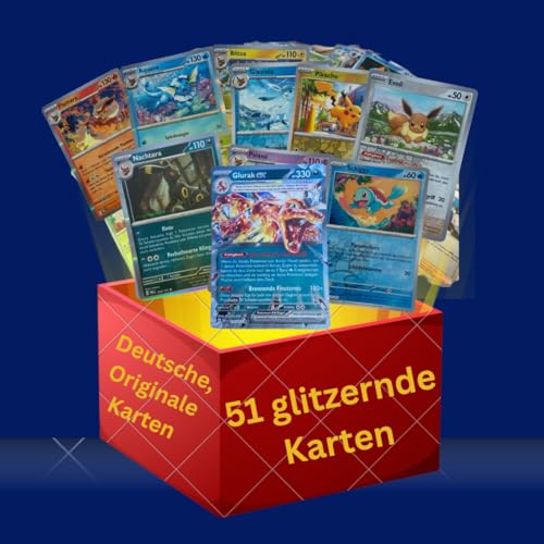 Pokemon Karten Set 51 Glitzerne Deutsch - 1 V/EX, 10 Holos, 40 Reverse Holos - Glitzernde Sammelkarten, Ultra Seltene - Geschenk Highlight für Kinder - Spieledrache