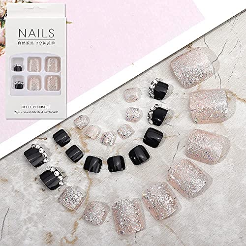 Toenails Press on Nails,24Pcs Fake Nails Tips with Glue Stickers Coffin Press on Nails Short Stick on Full Cover False Toe Acrylic Nails for Girls Women (Rhinestone Black-2)