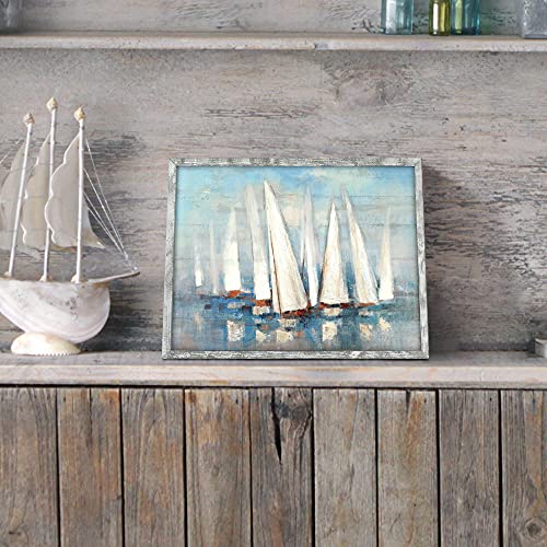 Seascape Framed Painting Wall Art: Abstract Ocean Artwork Coastal Picture Sailboat Prints on Wood in Modern Style for Home Decor 16"x12" - Image 4