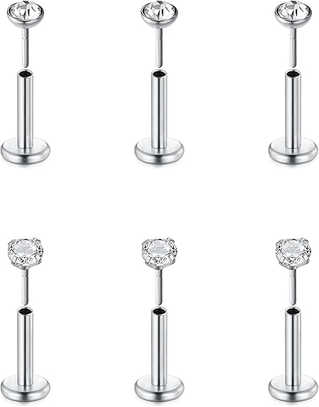 FECTAS 10 stuks labret lippiercing tragus helix piercing 8 mm 6 mm chirurgisch staal lippiercing Monroe Medusa Plug, 6 mm, Roestvrij staal, Zirkonia