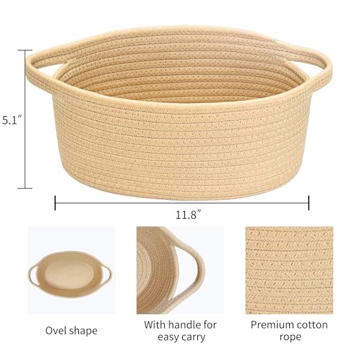 Image of ABenkle Small Basket with Handles, Boho Decorative Rope Woven Dog Cat Toy Storage Bin Shelf Storage Organizer, Easter Christmas Gift Basket, 12 inchx8 inchx5 inch