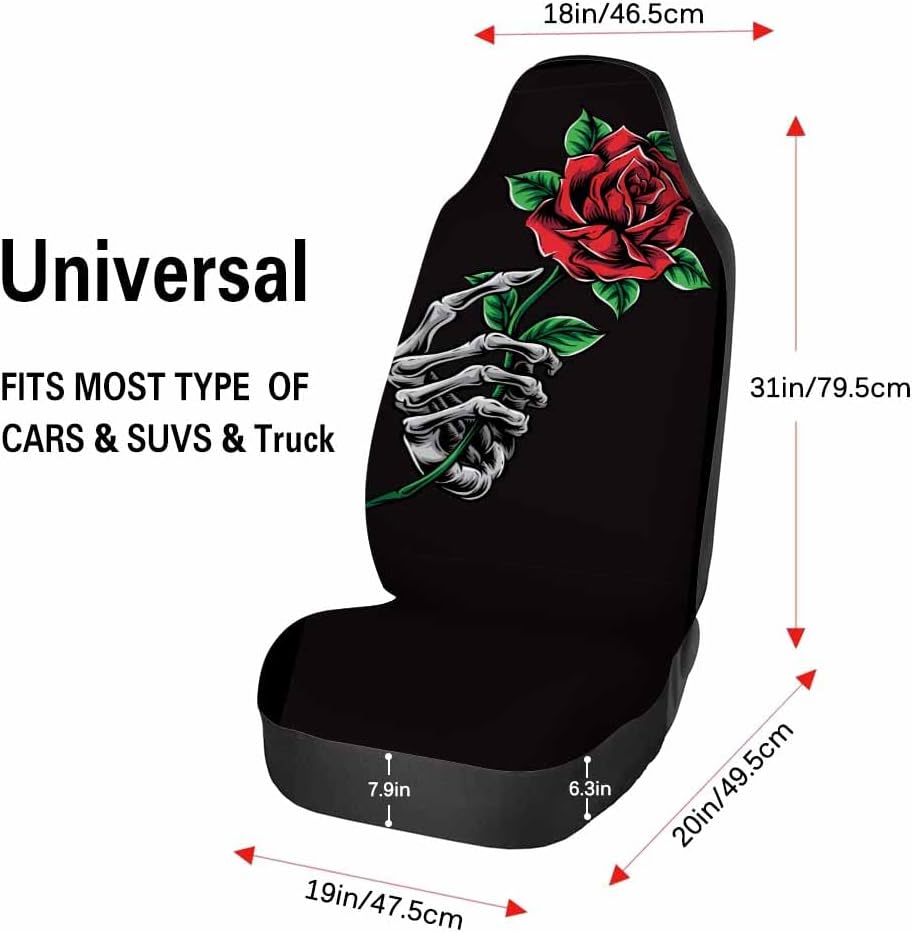 Uamkase Skeleton Hand Holding Rose Front Car Seat Covers 2pc,Skull Black Red Flower Automotive Seat Covers Car Accessories for Women Men Car Seat Protector Universal Size Fit for Most Cars,SUVs