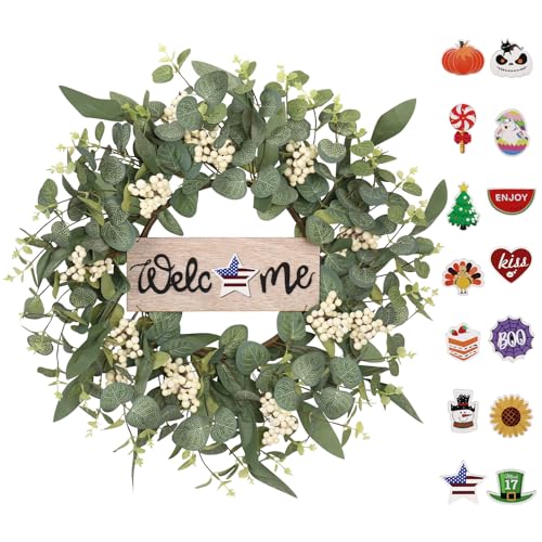 SY Super Bang 20Inch Wreaths for Front Door Artificial Green Eucalyptus Interchangeable Seasonal Welcome Sign Wreath Decorations for Porch Home Farmhouse Spring Summer Fall Winter Outdoor Decor