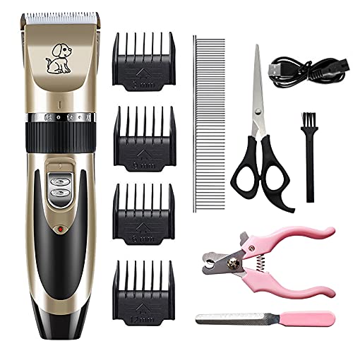 KiAKUO Pet Grooming Clipper Rechargeable Pet Dog Clippers Cordless Dog Grooming Clippers Low Noise with 4 Guide Combs and Clean Brush Nail Kits for Dogs and Other Pets