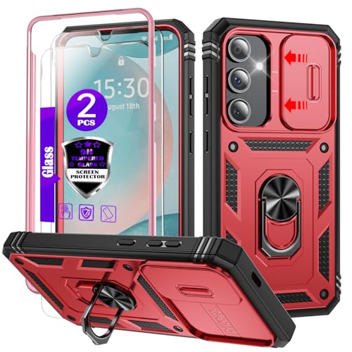 for Galaxy S24 FE Case with Camera Cover Slider, 2*Tempered Glass Screen Protectors,Build in 360°Rotating Ring Kickstand, Military Grade Protective Case for Samsung S24 FE-Red/Black