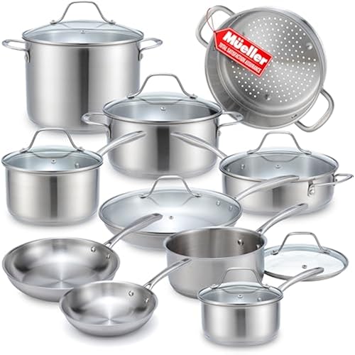 Mueller 17-Piece Stainless Steel Pots and Pans Set, Tri-Ply Ultra-Clad Pro