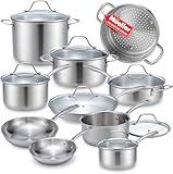Mueller Pots and Pans Set 17-Piece, Ultra-Clad Pro Stainless Steel Cookware Set, Ergonomic EverCool Handle, Induction Cookware, Includes Saucepans, Skillets, Dutch Oven, Stockpot, Steamer For Cooking
