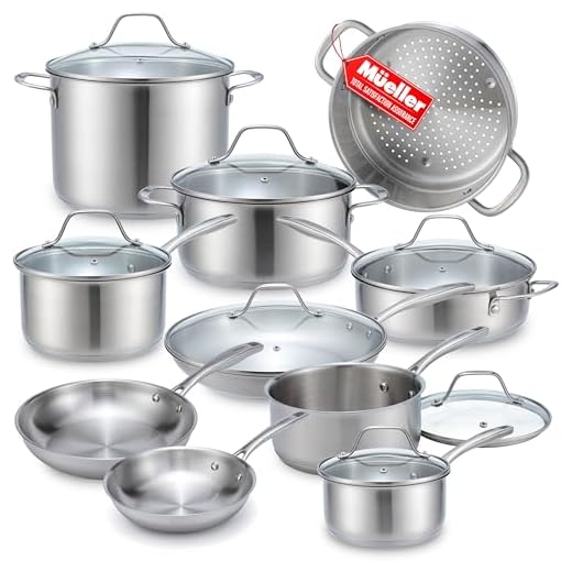 Mueller Pots and Pans Set 17-Piece, Ultra-Clad Pro Stainless Steel Cookware Set, Ergonomic and EverCool Stainless Steel Handle, Includes Saucepans, Skillets, Dutch Oven, Stockpot, Steamer and More