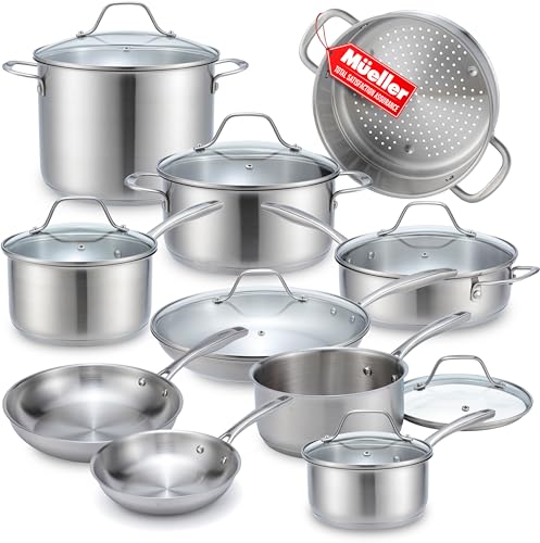 Mueller Pots and Pans Set 17-Piece, Ultra-Clad Pro Stainless Steel Cookware Set, Ergonomic EverCool...