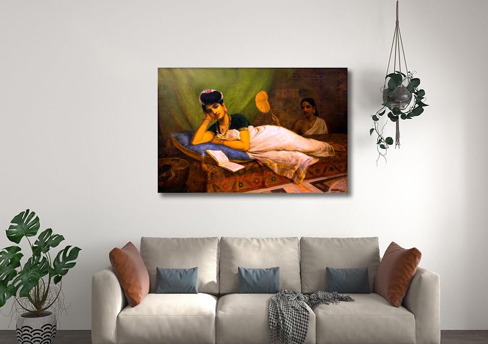 Image of Sikhash Raja Ravi Varma Canvas Paintings Classic Art, Indian Art, Famous Artist, Wall Painting for Living Room, Bedroom, Office, Unframed, Multicolor Fabric Size - 12x8 inches (30x20 cms, Reclining Nayar lady)